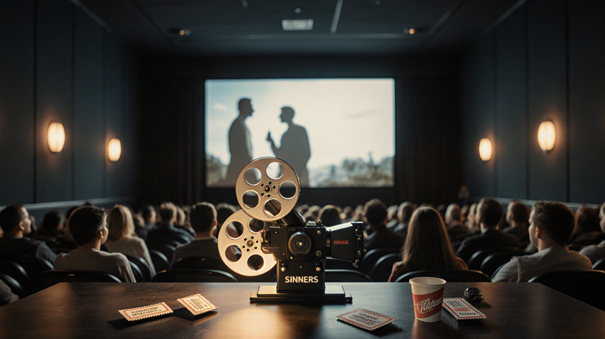 Large film reel glowing with nostalgic golden light in center of theater with blurred audience and scattered tickets