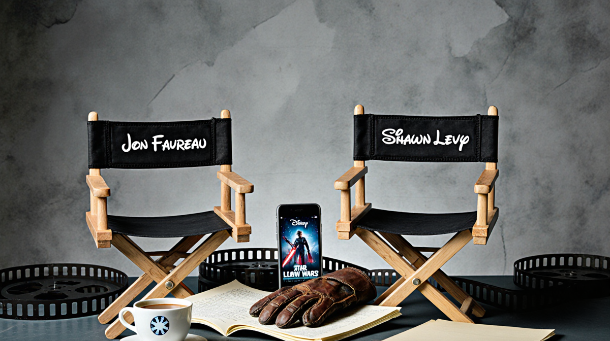 Film reels labeled Jon Favreau and Shawn Levy stand with director chairs and gloves a phone showing Star Wars wallpaper