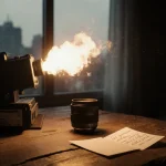 Projector flickers a 35mm reel with warm golden light on a worn wooden table near a handwritten note and a blurred cityscape.