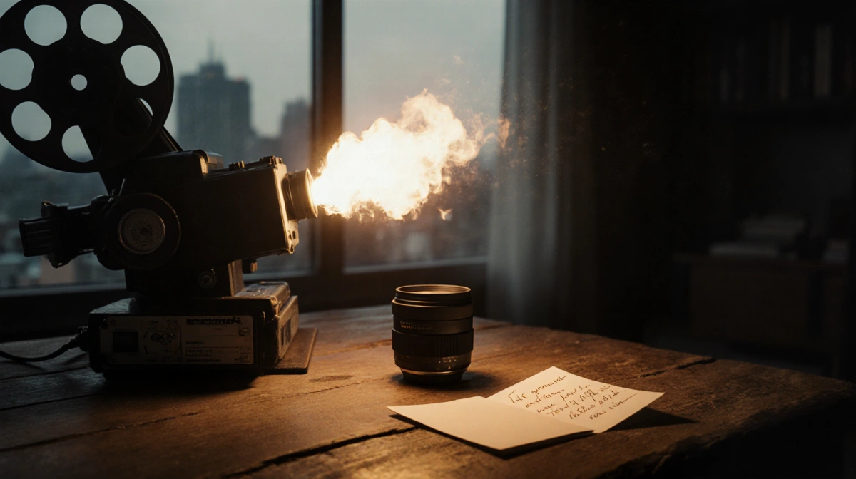Projector flickers a 35mm reel with warm golden light on a worn wooden table near a handwritten note and a blurred cityscape.
