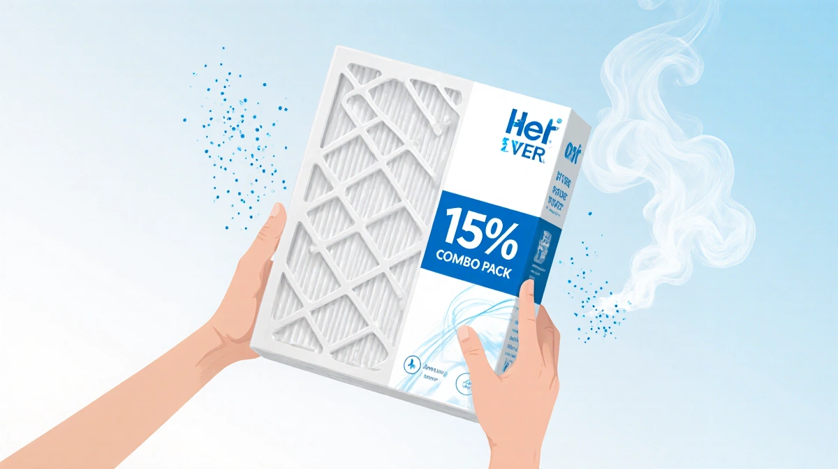 Person holding large filter pack with 15% discount sign and blue gradient with wisps of air particles