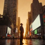 Suit-wearing figure gazing up at glowing financial market screens with neon skyscrapers and dusk glow
