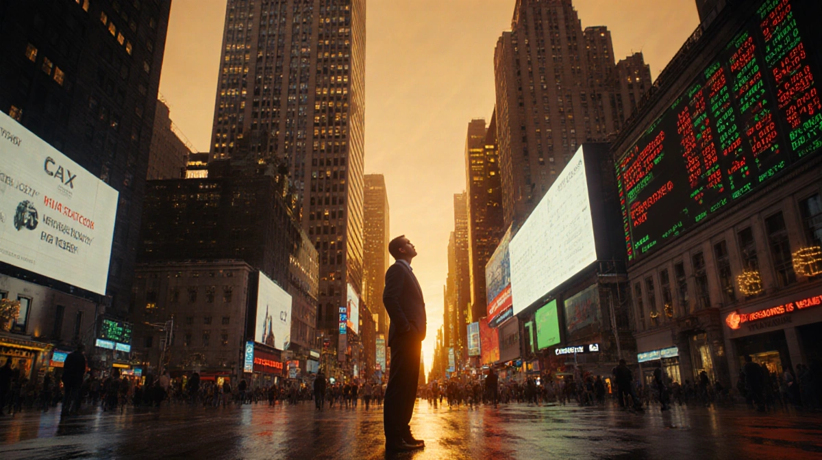 Suit-wearing figure gazing up at glowing financial market screens with neon skyscrapers and dusk glow
