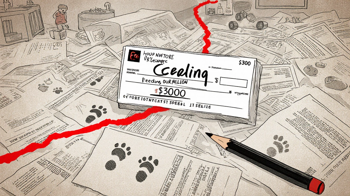 Red pen tracing path through scattered financial documents with a $300M check and daycare toys in background