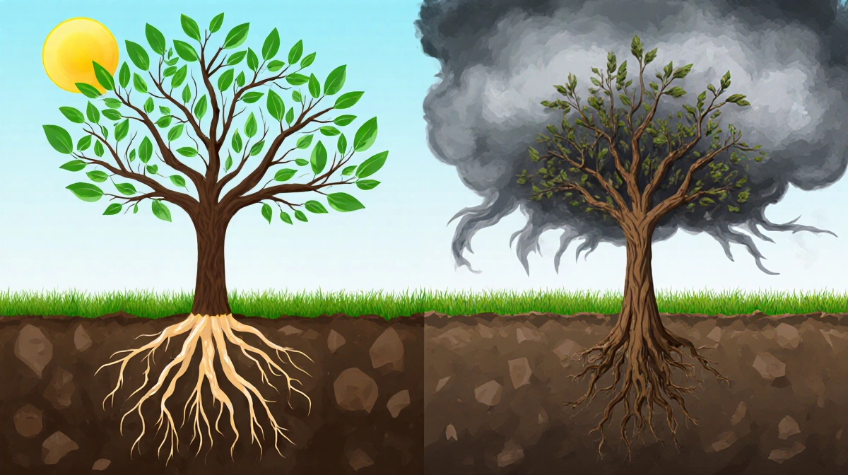 Sturdy tree with roots in bedrock leaves stands beside weak tree with roots wilted leaves clouds signifies financial stabilit