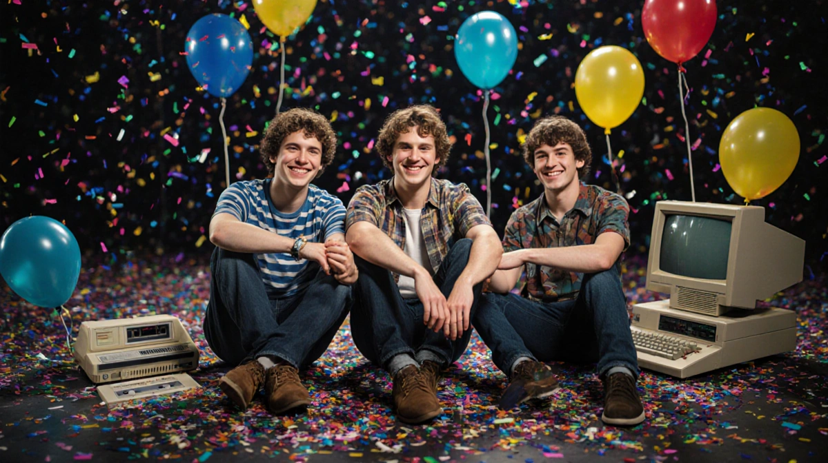 Finn Wolfhard and Noah Schnapp holding hands with Joseph Quinn on stage with confetti and balloons showing Stranger Things ca