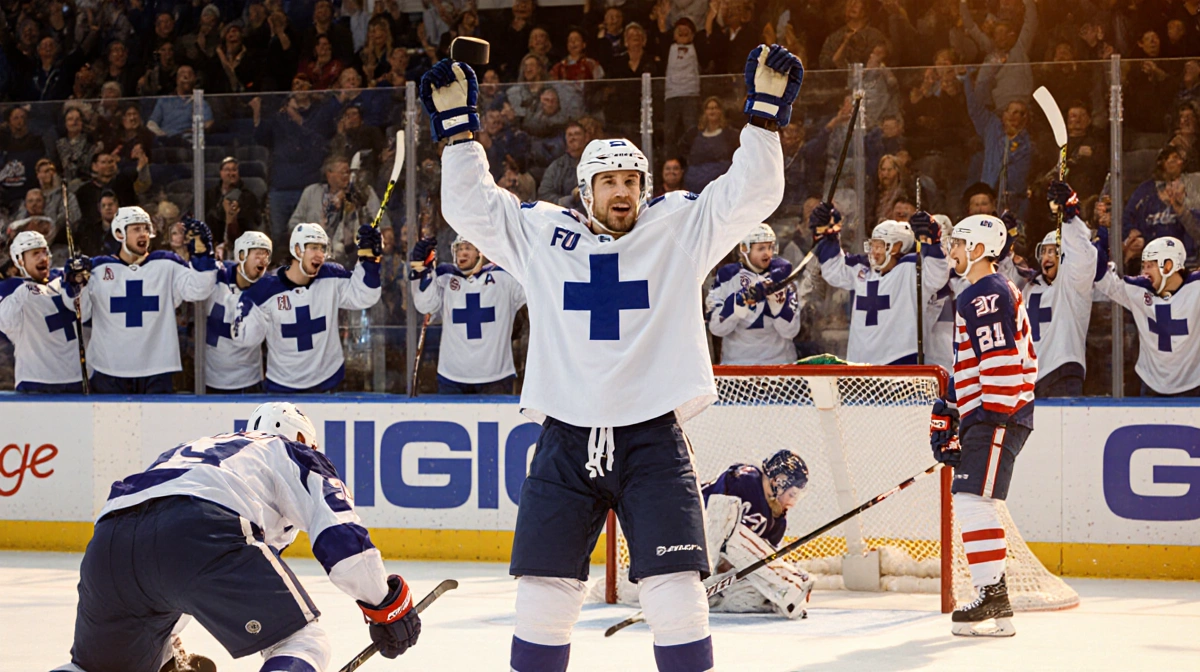 Aron Kiviharju hoists the victory puck with Finnish teammates celebrating while the defeated American team slumps in warm lig