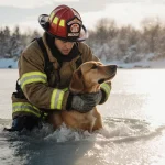 Heroic firefighter pulls Phoenix out of icy water with sunlit ice glow near snowy pond on New Year