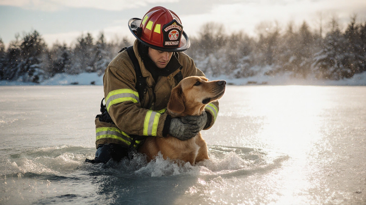 Heroic firefighter pulls Phoenix out of icy water with sunlit ice glow near snowy pond on New Year