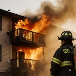 Firefighter standing in front of blazing three‑story apartment with smoke billowing and warm golden light.
