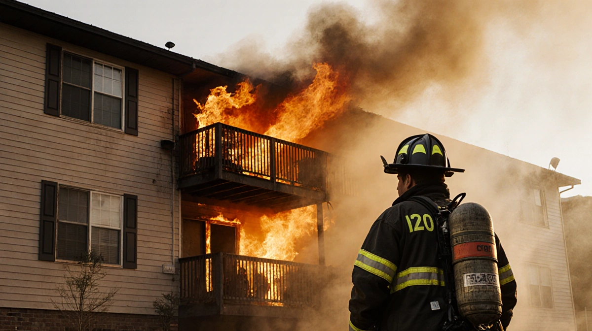 Firefighter standing in front of blazing three‑story apartment with smoke billowing and warm golden light.