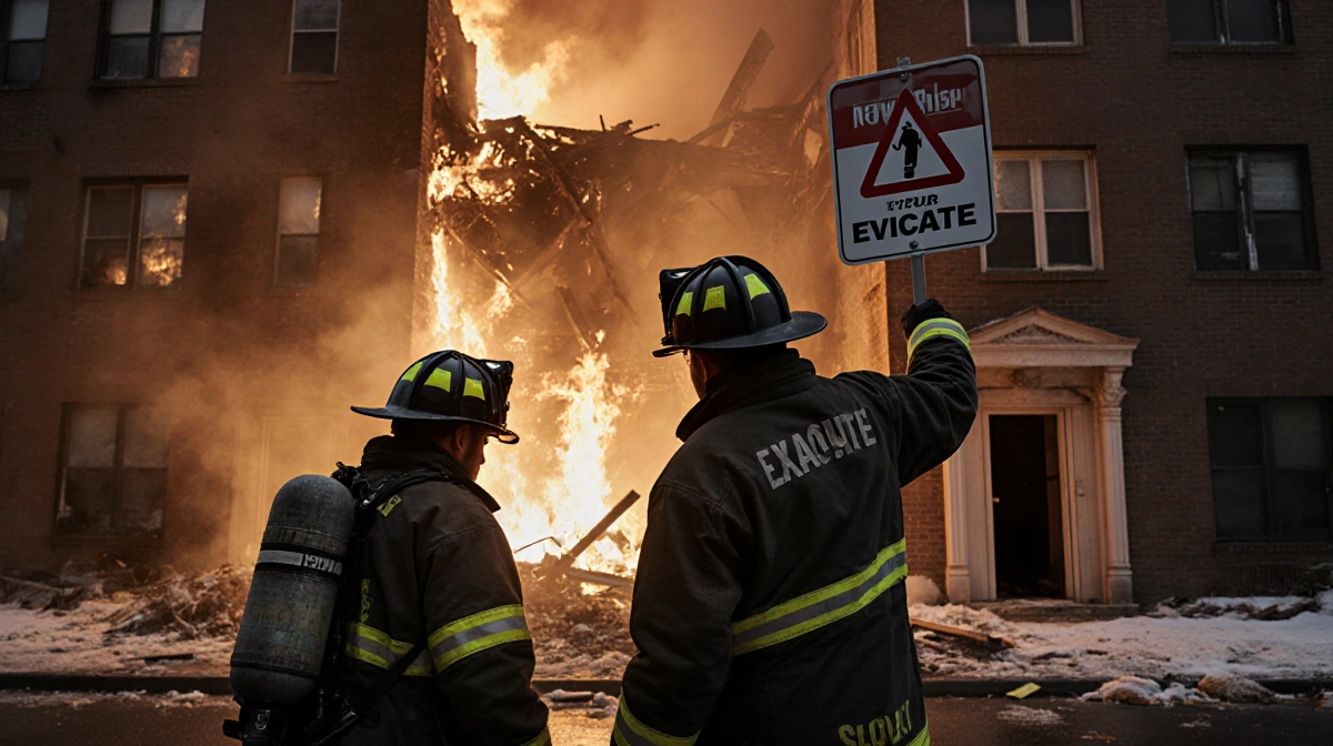Firefighter on left assessing damage with flames and debris while firefighter on right holds evacuation sign.
