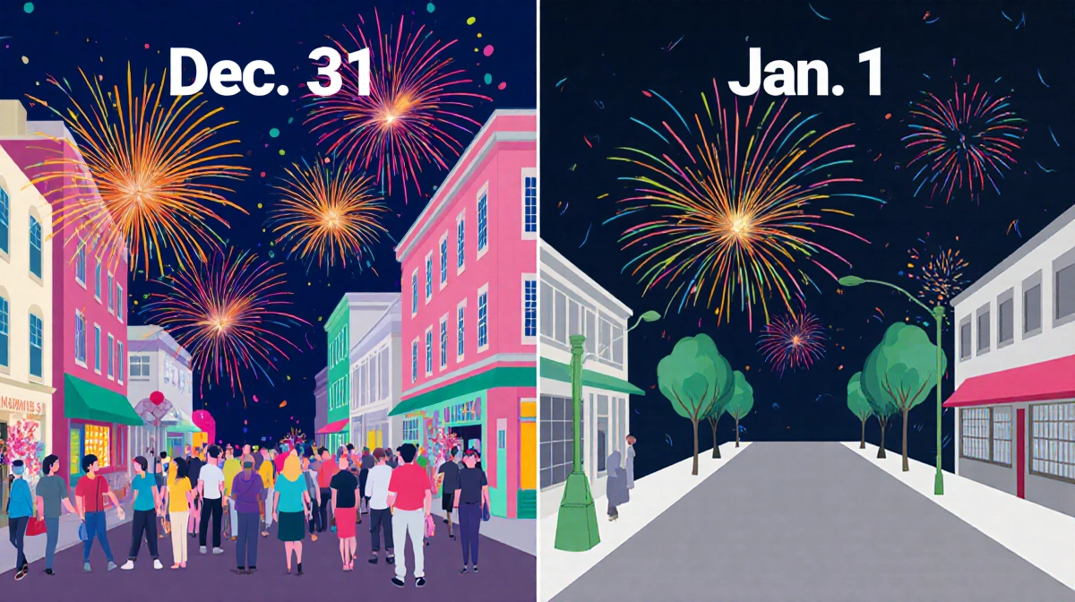 Illustration splits New Year's Eve and Jan.1: left fireworks and street and complaints; right street and fewer fireworks.