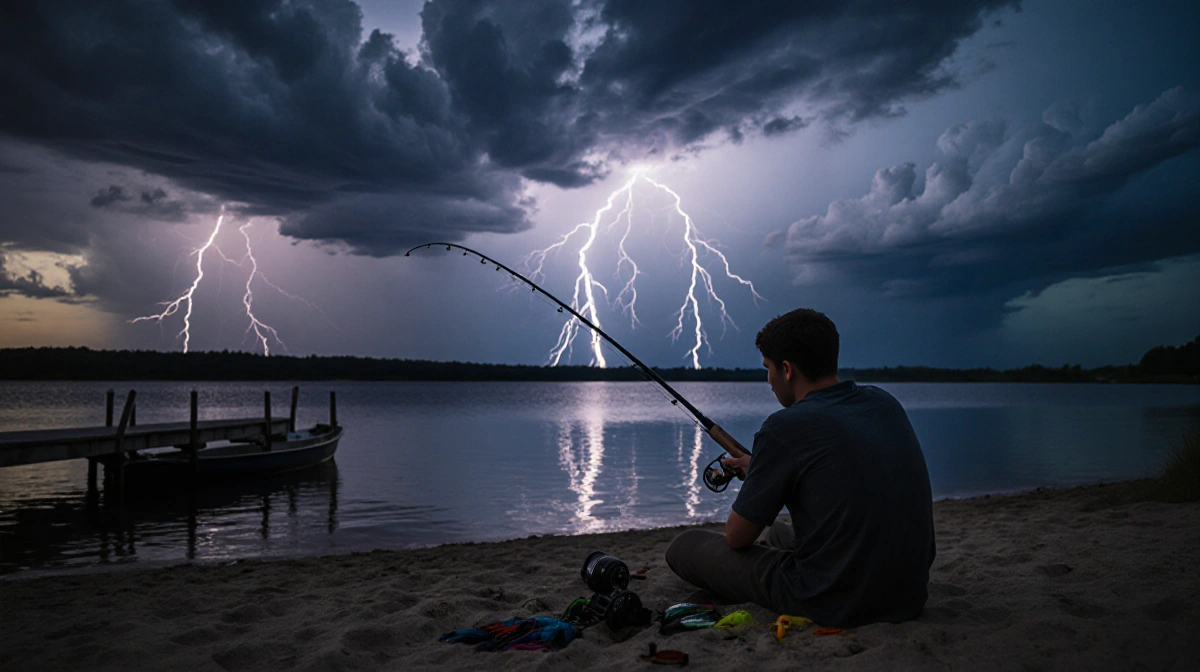 Young adult male fishing on lake shore with storm clouds and lightning overhead and scattered fishing gear near a dock