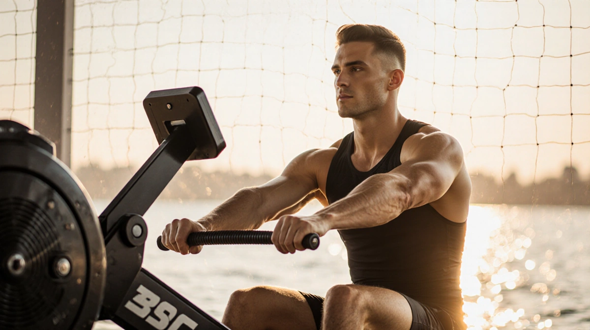 Fit athlete rowing on sleek machine with golden light and rippling water during workout