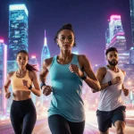 Woman running toward camera with neon-lit cityscape and workout gadgets in foreground.