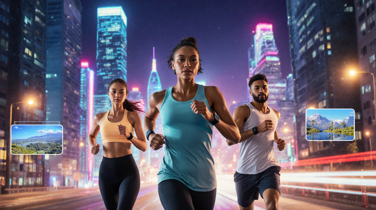 Woman running toward camera with neon-lit cityscape and workout gadgets in foreground.