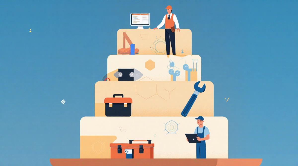 Five-layer career cake rises with architect blueprints at base and plumber's wrench crowning the top showing white-collar and