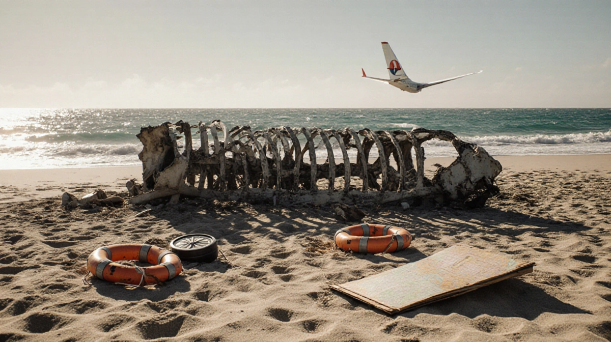 Aircraft wreckage spreads across a sunlit beach with turquoise waves and scattered life jackets