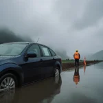 Crew member directing traffic with a parked sedan submerged in water on a flooded highway