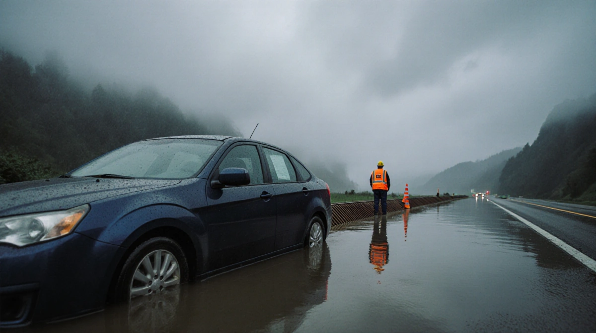 Crew member directing traffic with a parked sedan submerged in water on a flooded highway