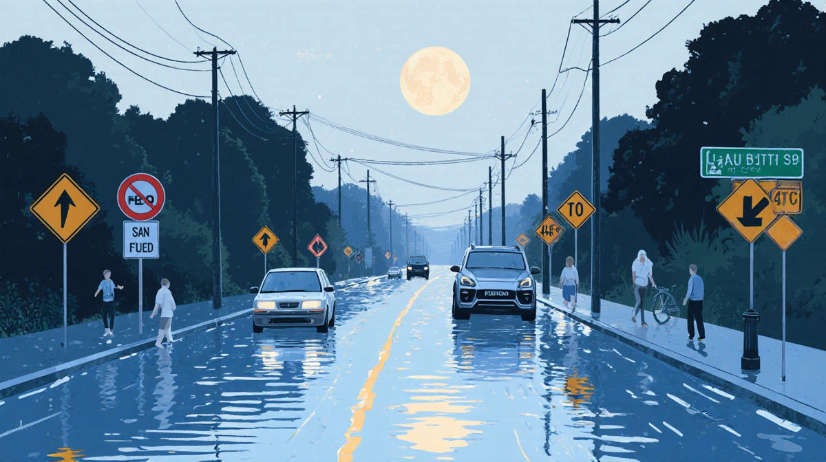 People walking along flooded sidewalks with 4-foot water over Bay Area roads and muted blue tones under moon glow