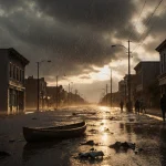 Kayak bobbing on flooded sidewalk with soaked pedestrians and water level markings.