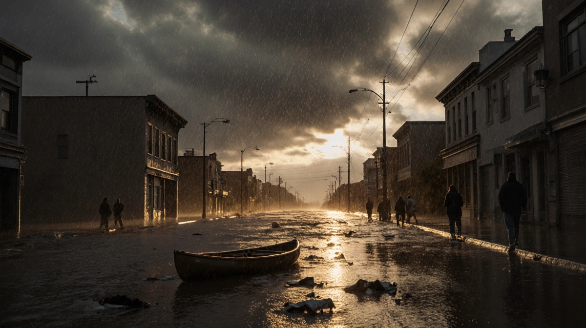 Kayak bobbing on flooded sidewalk with soaked pedestrians and water level markings.