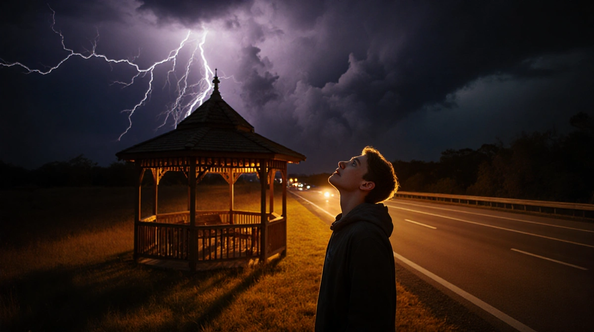 Person standing under wooden gazebo looking up at thunderstorm with lightning illuminating Florida highway