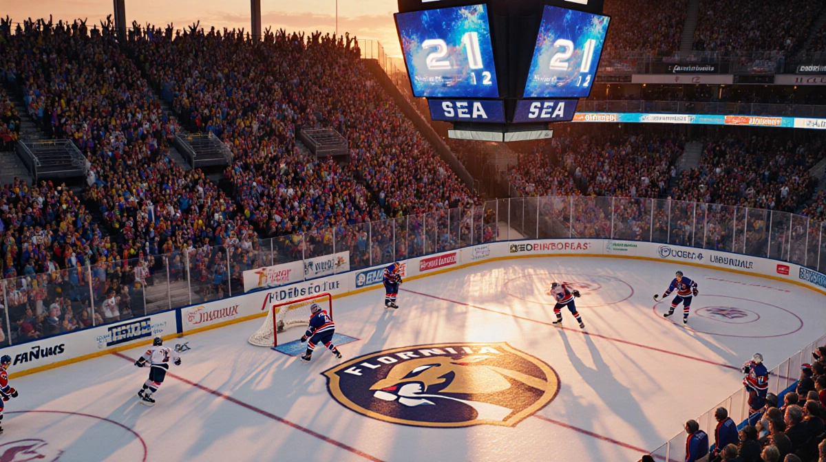 Player takes a penalty shot with sunset glow and sea of fans.