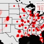 United States map traces flu outbreaks with bold red lines and highlights hospitalization rates with red dots.