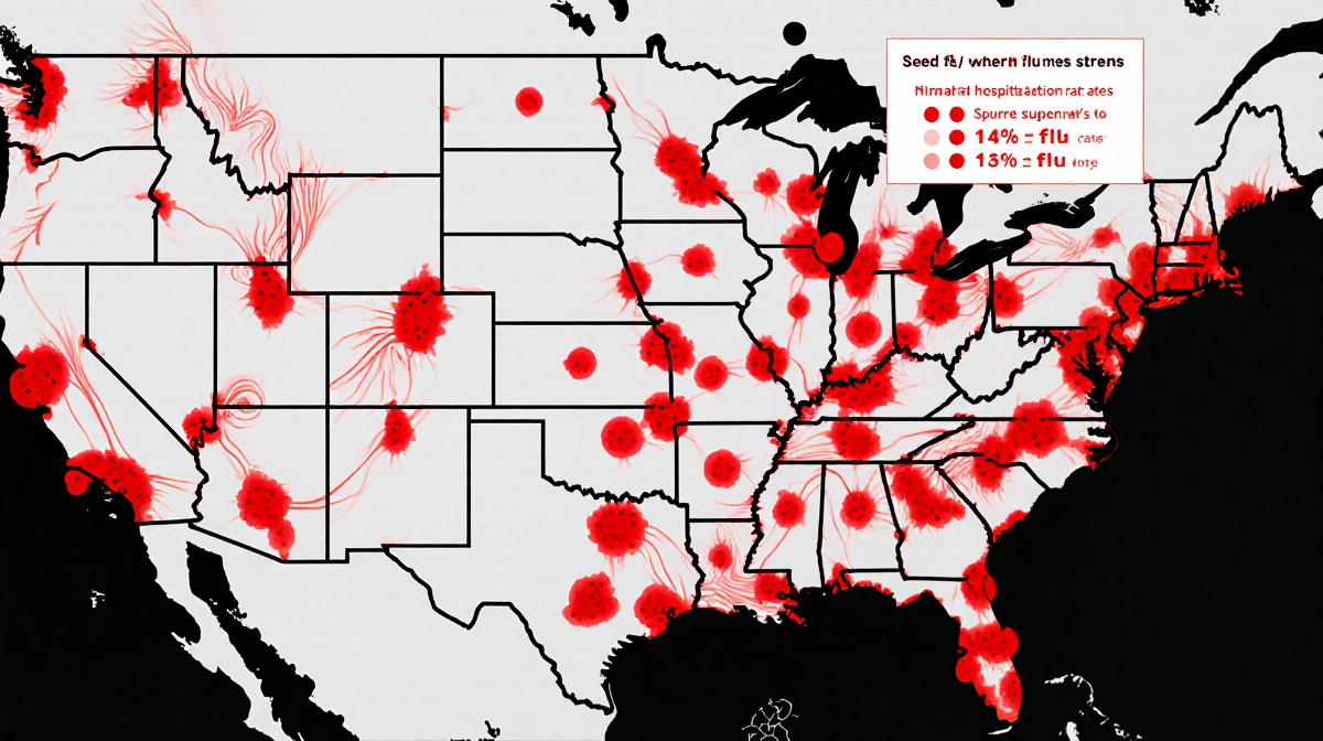 United States map traces flu outbreaks with bold red lines and highlights hospitalization rates with red dots.