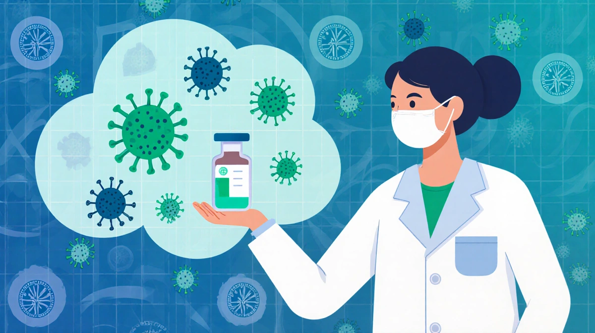 Medical expert holding a virus vial with CDC logos and a glowing flu vaccine orb amid swirling viruses