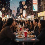 Group of people laughing and eating with neon lights reflecting off wet pavement and a Raising Cane