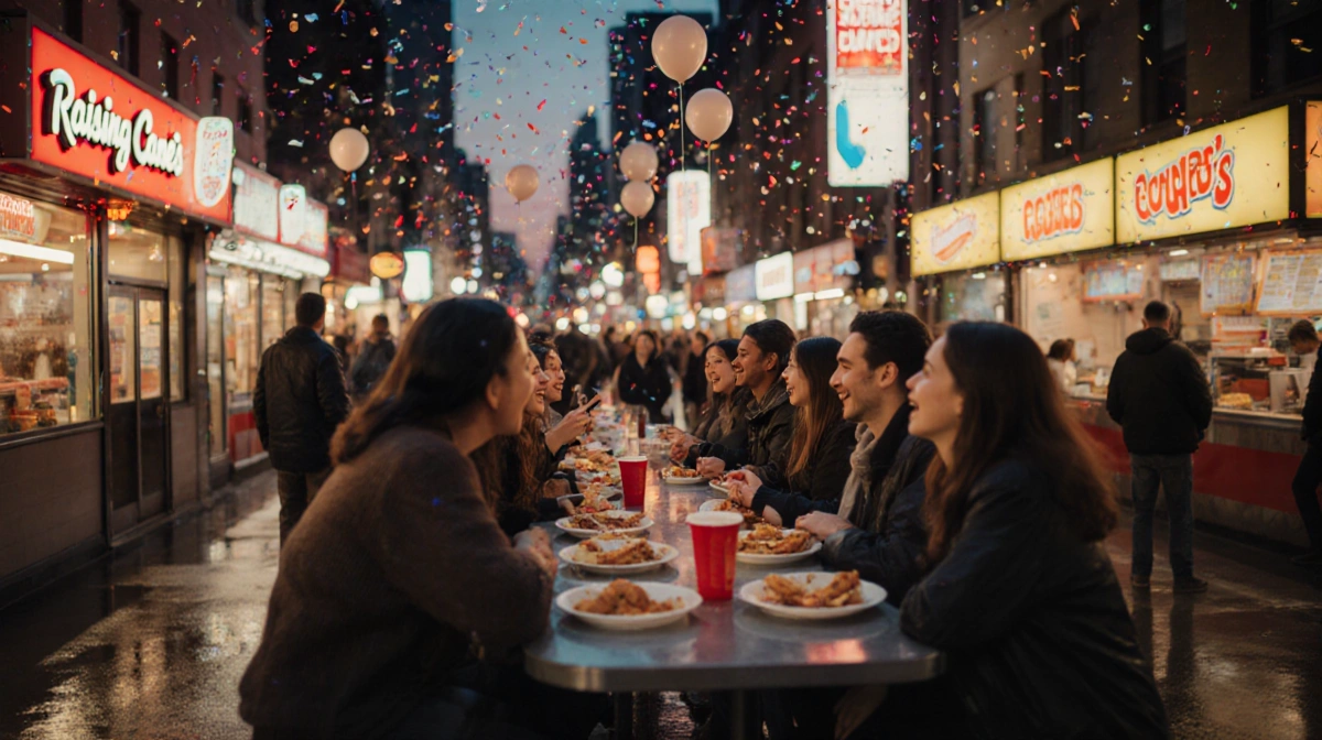 Group of people laughing and eating with neon lights reflecting off wet pavement and a Raising Cane