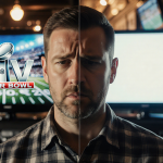 Frustrated football fan standing staring at split-screen TVs showing Super Bowl kickoff times with a cityscape background