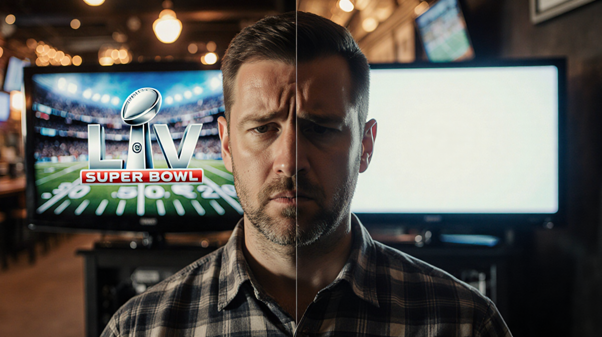 Frustrated football fan standing staring at split-screen TVs showing Super Bowl kickoff times with a cityscape background