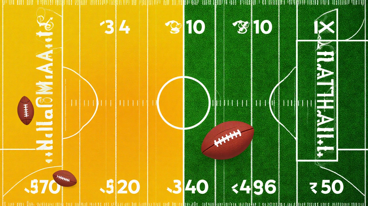 Football field shows dominant home team area larger with warm color and yellow opponent side with scorekeeping footballs