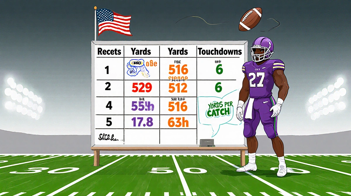 Receiver standing in front of table with bold stats 29 516 6 17.8 on whiteboard and football flag nearby