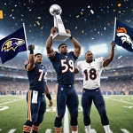 Three playoff teams celebrating on a football field with trophies and flags and confetti falling over a lit stadium backgroun