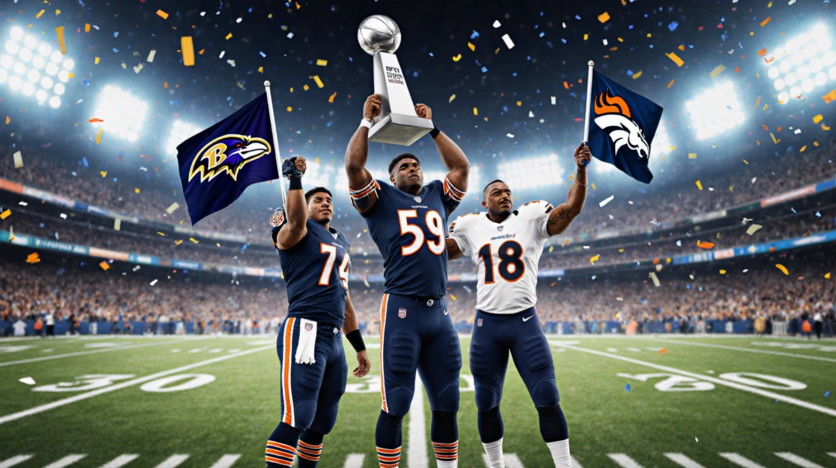 Three playoff teams celebrating on a football field with trophies and flags and confetti falling over a lit stadium backgroun