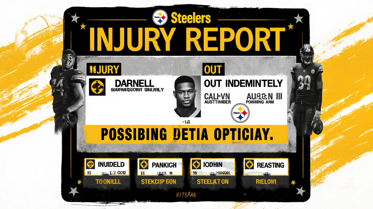 Injury board lists Darnell Washington Out and Calvin Austin III with Possible return banner on black gold Steelers backdrop