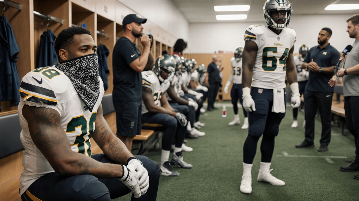 Jason Barmore sits on bench with bandana and cough in locker room during football practice with teammates drilling