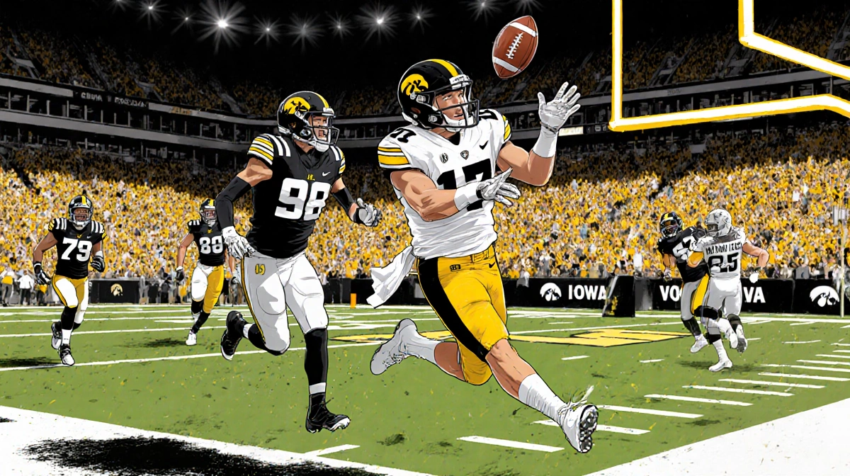 Reece Vander Zee leaping to catch a touchdown pass with Iowa teammates celebrating and a faint penalty flag in background