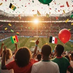 Friends cheer in stadium with colorful balloons, confetti and flags from African teams as sunset lights the arena