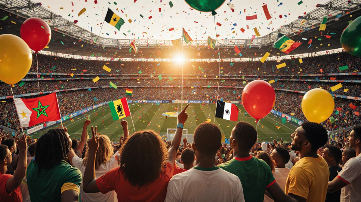 Friends cheer in stadium with colorful balloons, confetti and flags from African teams as sunset lights the arena