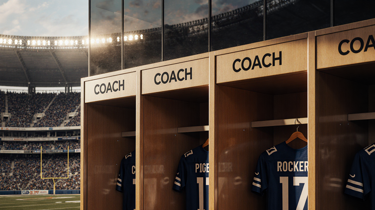 Packed football stadium shows coach names above locker doors with warm light and glass reflections hint Super Bowl matchup