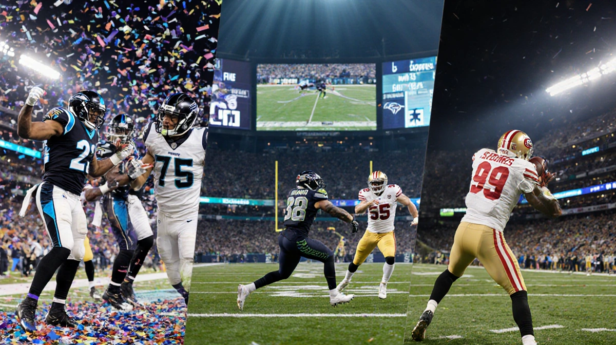 Panthers player celebrates with teammates as confetti falls in football stadium with goal line in background.