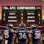 Denver Broncos Seattle Seahawks and Kansas City Chiefs stand in front of scoreboard with sunset football stadium backdrop