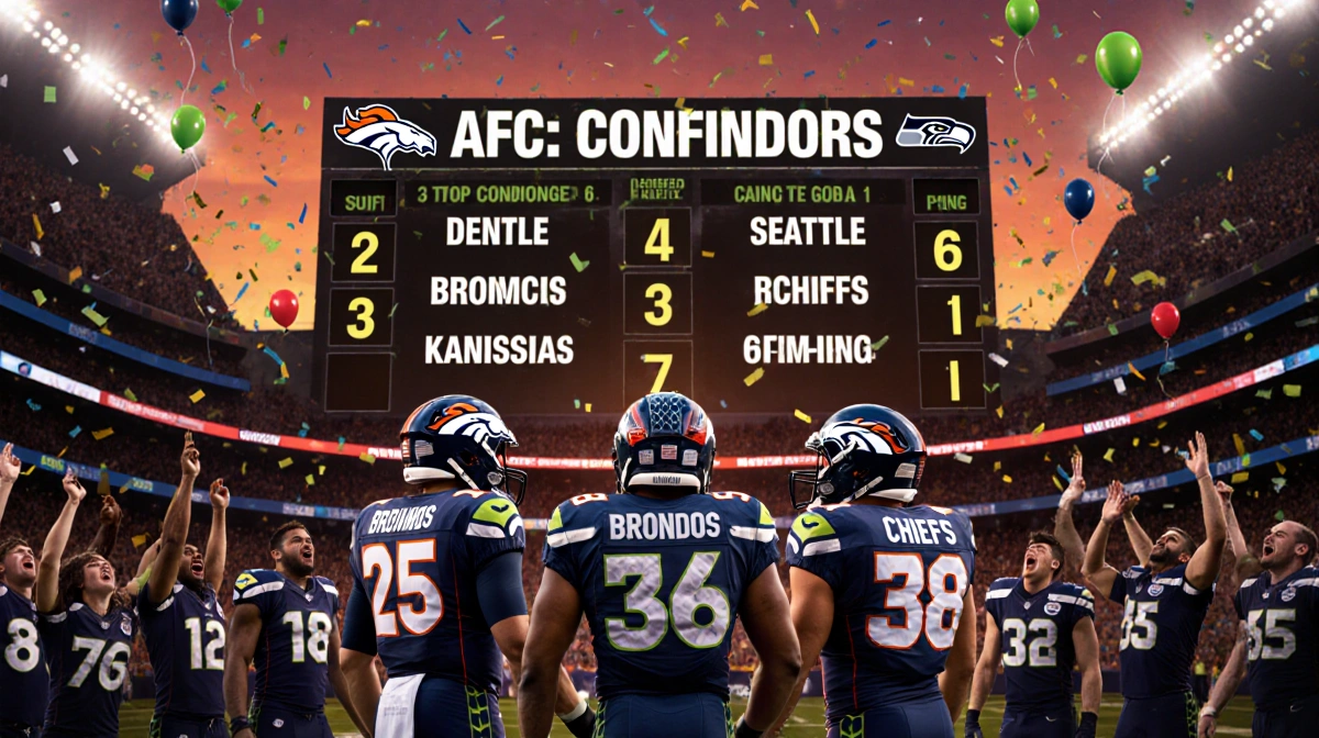 Denver Broncos Seattle Seahawks and Kansas City Chiefs stand in front of scoreboard with sunset football stadium backdrop